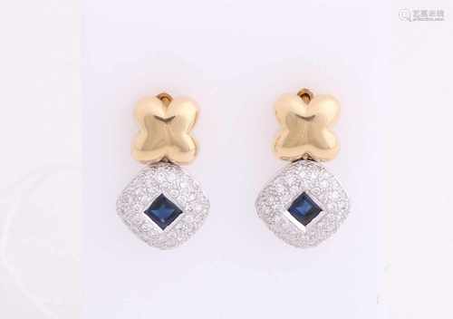 Yellow gold earrings, 585/000, sapphire and diamond. Studs, X-shaped, with suspended from it a white