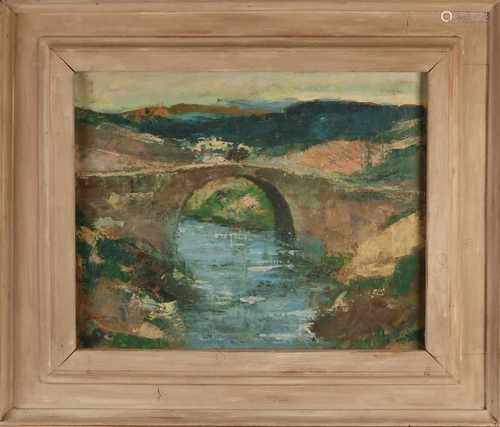 Unclear. K. Heuss. Bridge in rolling countryside. Oil on linen. Size: 40 x H, B 50 cm. In good