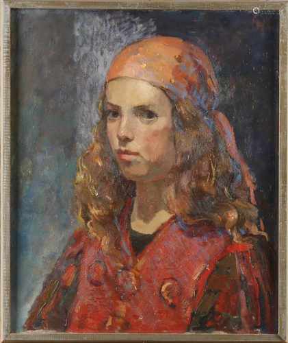 Attributed to Harry Maas. Monogram the upper right. 1906 - 1982. Girl with kerchief. Oil on linen.