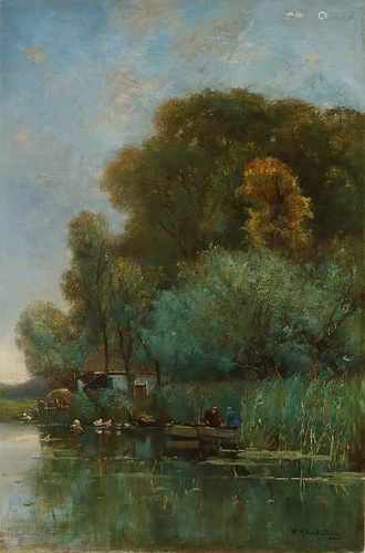 W.H. Eickelberg. 1845 - 1920. River view with fishermen and cabin. Oil on linen. Dimensions: H 97