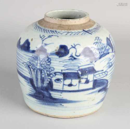 Antique Chinese porcelain ginger jar with sea-face setting. Size: 18 x 16 cm dia. In good