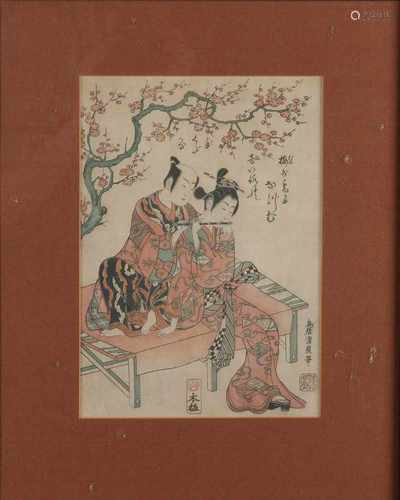 Japanese woodcut with text + signature. 20th century. Flute playing geisha. Woodcut on paper.