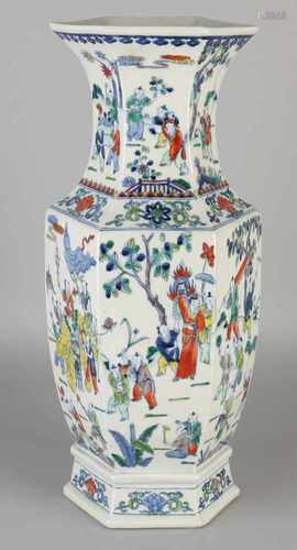 Large Chinese six-sided porcelain vase with figures decor around. Six signs bottom mark. Size: H