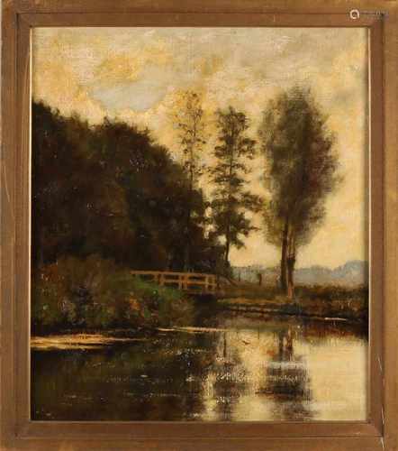 P. P. Schiedges. Landscape with fen and wooden bridge. Oil on linen. Dimensions: H 65 x W 55 cm.