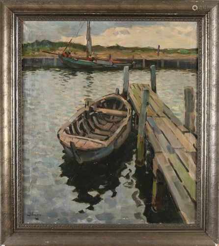 Ben Viegers. 1886 - 1947. Dutch harbor with pier and boats. Crackle. Oil on linen. Dimensions: H