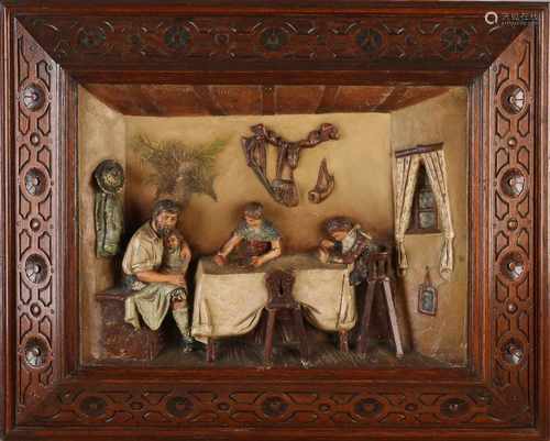 19th century terracotta diorama with machined oak frame. Presenting inn interior with Figs. ca