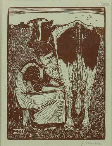 Jan Mankes. 1889 - 1920. Milking farmer. Woodcut on paper. Size: H 21x W 16 cm.In good condition.Jan