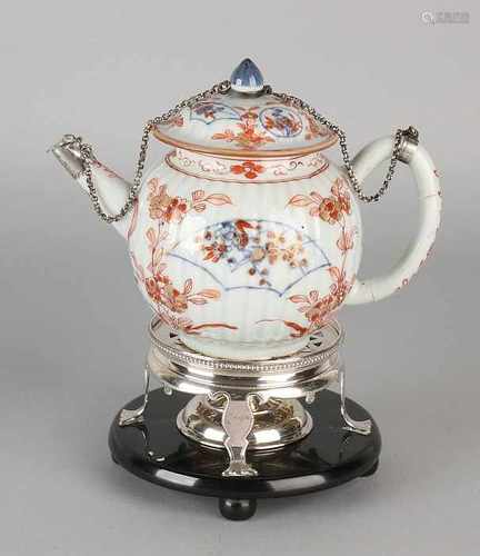 Imarie 18th Chinese porcelain teapot with silver elements on the lid, handle and spout. The