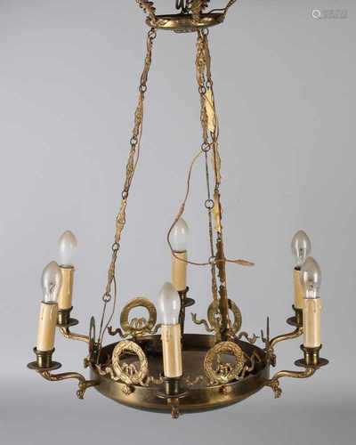 Brass Empire-style lamp. Two-colored patina. Circa 1900. Size: 75 x Ø 54 cm. In good condition.