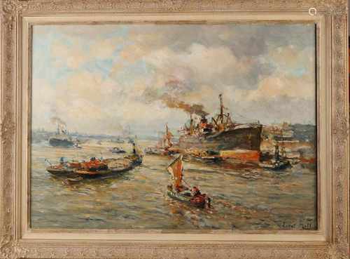 Evert Moll 1878-1955 Rotterdam port with many ships oil on canvas 60x80 cm in good condition.