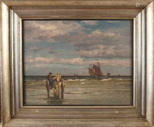 P. Pulm 1882-1960 Dusseldorfer schule beachcomber on beach oil on canvas 40x50 cm in good