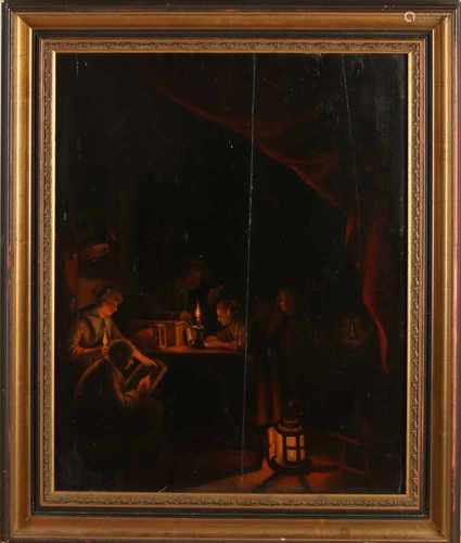 Unclear signed. 19th century. Figures by candlelight. Oil paint on panel. Verso geparketteerd. Size: