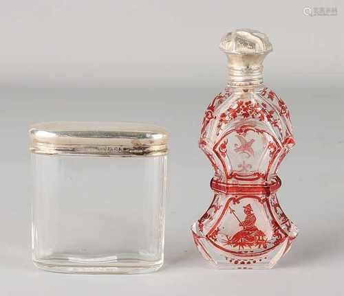 Two crystal vials with silver cap, Vial from Czech glass with floral decoration is provided with a