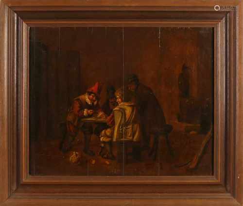 Unsigned. 19th century. Figures with gambling game in tavern. Oil paint on panel. Verso