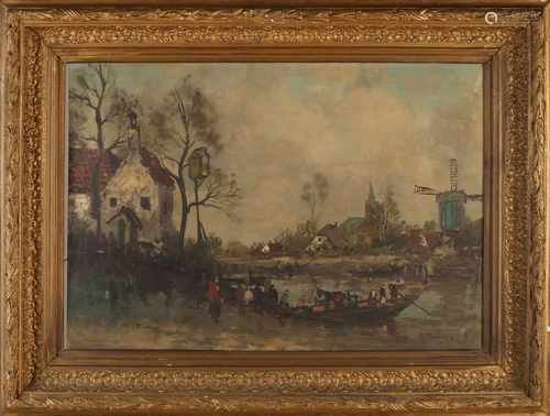 R. Rosier. Approximately 1920. Dutch river face with many figures that go along with the ferry.