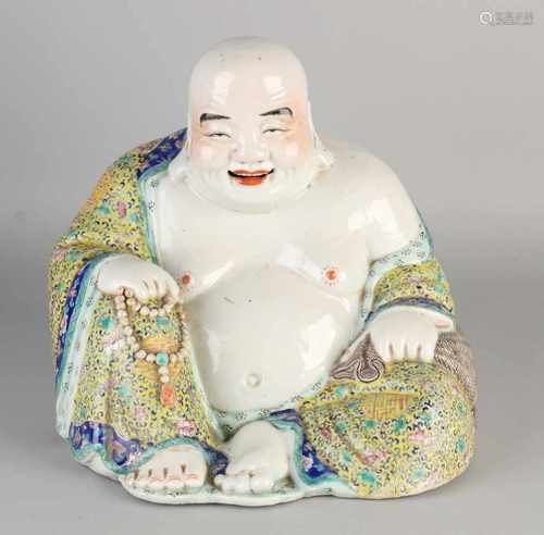 Large Chinese antique porcelain laughing Buddha with soil marks and Family Rose decor. Size: 29 x 27