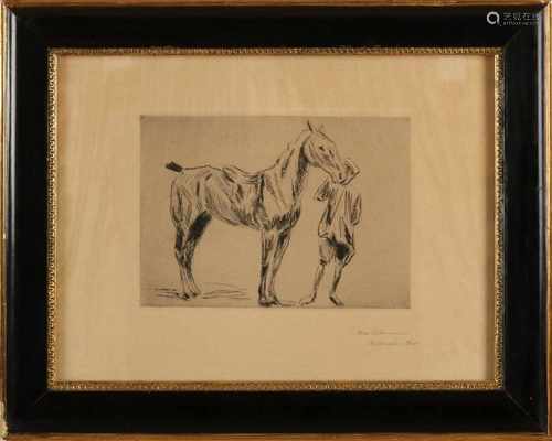 Etching by Max Liebermann. 1847 - 1935. German School. Reitknecht und Pferd. Etching on paper. Size: