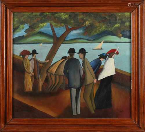 Gerard Diepeveen. Enschede. Presentation to Macke. Figures in Constance. Oil paint on panel. Size: