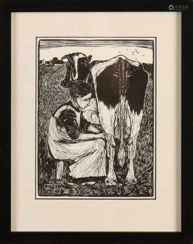 Old wood. Monogram Jan Mankes. Not hand signed. Milking farmer. Size: 14.5 cm H, 19.5 x W. In good