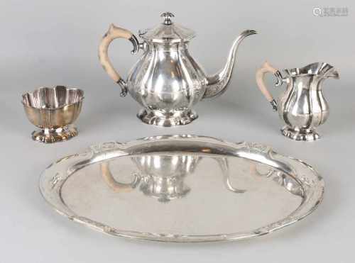 Silver coffee service, 835/000, four-piece, with a coffee pot, milk jug, suikerbak and a tray.