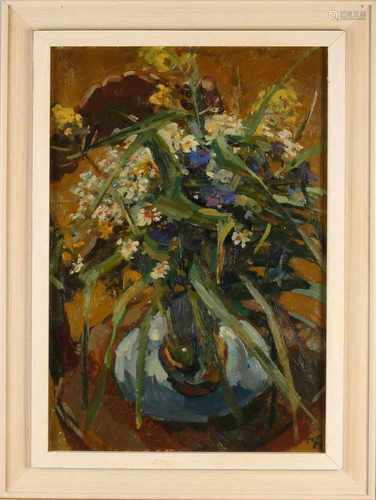 Unclear monogram. 20th century. Vase with Flowers. Oil paint on panel. Size: 65 x H, B 45 cm. In