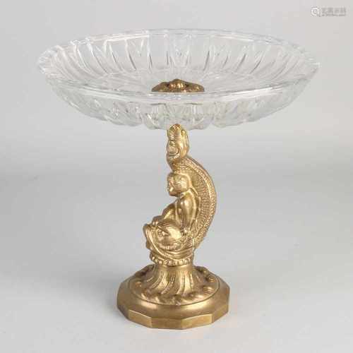 Old Tazza with foot in bronze and crystal bowl. Girl on dolphin. 20th century. Dimensions: H 24 x