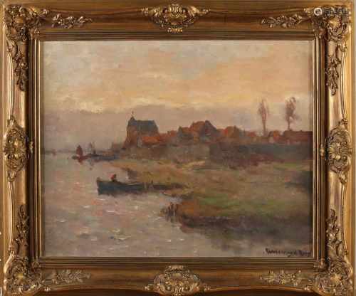 Wetering de Rooy. 1877 - 1972. River view with village and boats. Oil on linen. Size: 40 x H, B 50