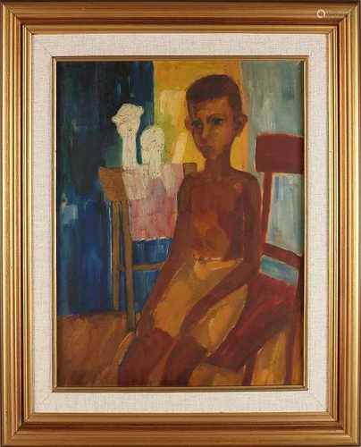 Kuswandhi. Indonesian School. Title: The Bay collection of the artist. Boy on chair. Oil on linen.