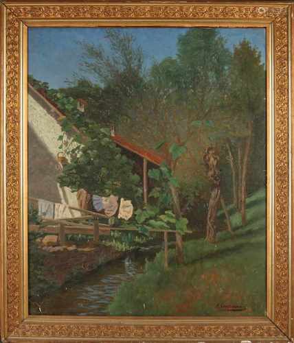 H. Grassmann and Grossmann. German School. Circa 1920. Landscape with farm house and backyard. Oil