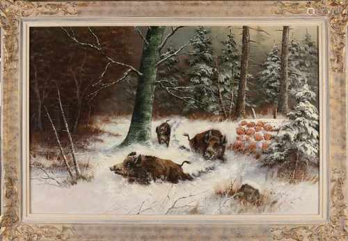 K. H. Boese. Karl-Hans Boese. 1919 -. German School. Wild boar in snowy woods. Oil on linen. Size: