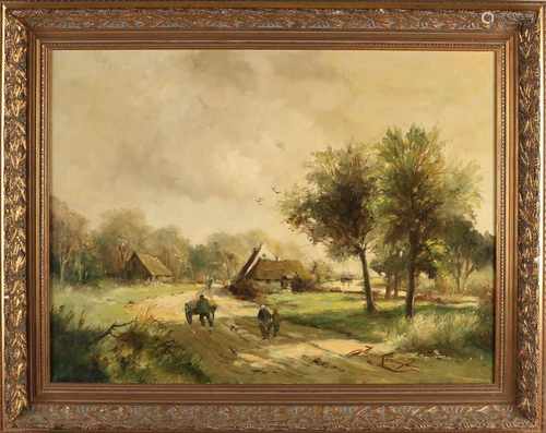 Jan van Rijsewijk. 1954 -. Dutch landscape with figures on dirt road. Oil on linen. Size: 60 x H,