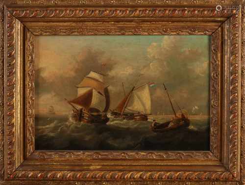 Unsigned. 19th century. Dutch fishing boats at sea. Oil on linen. Size: 23 x H, B 39 cm. In fair /