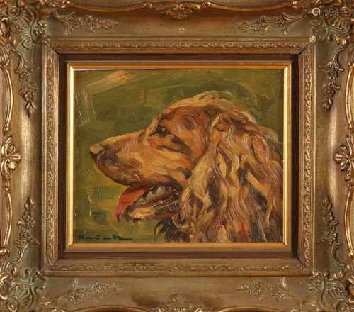 Unclear signed. German School. Portrait dog. Oil paint on panel. Size: 19 x H, B 23 cm. In good