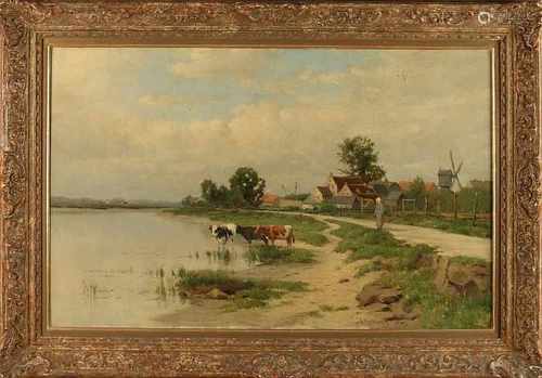 YES. Hekking. '93. 1830 - 1903. Dutch river face with cows and his wife to village. Oil on linen.