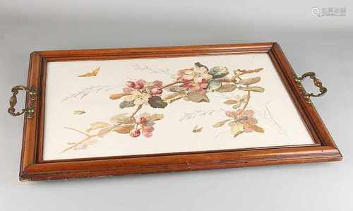 Antique German ceramic tray with walnut frame. Blossom with insects decor. Circa 1880. Dimensions: