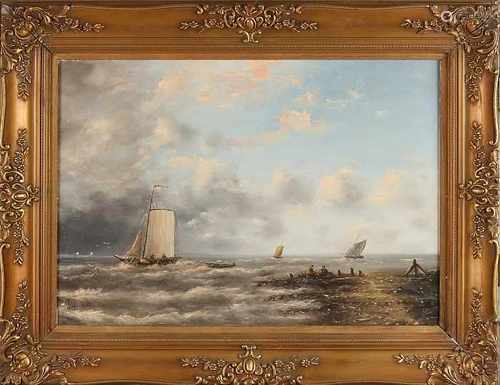 Jan van der Linde. 20th century. Dutch seascape with sailboats. Oil paint on panel. Size: 36 x H,