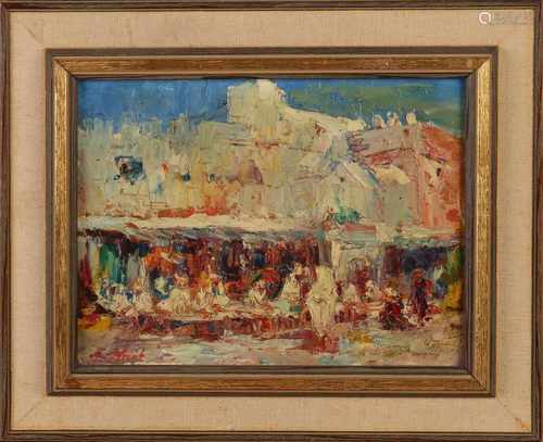 Francois Nicot. 1873 - 1945 French School. Moroccan market. Oil paint on panel. Size: 18 x H, B 24