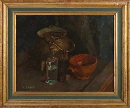 K. Lane. Kees. 1902 - 1975. Still life with glass, pottery and milk pail. Oil on linen. Size: 41 x