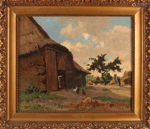 Carries signature A.J. Black. A.J. picked up. Boerenschuur with chickens. Oil on linen. Size: 50 x