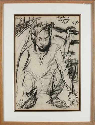 Ugung. 1990. Indonesian School. Squatting Indonesian man. Charcoal on paper. Size: 56 x H, B 36