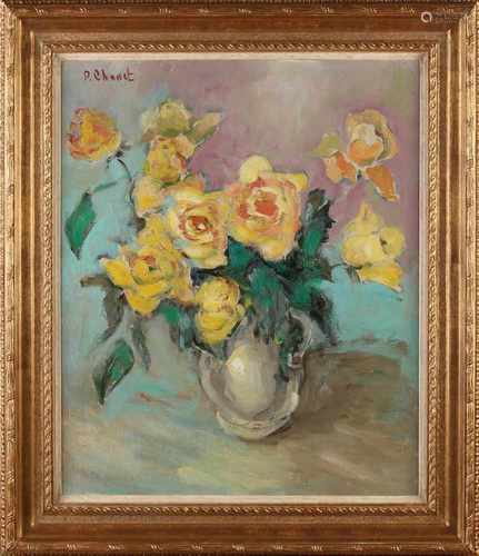 Paulette Chanet 1952- vase with yellow roses oil on canvas on panel (marouflé) 60x50 cm in good