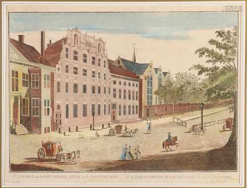 18th Century hand colored engraving. 'T gesight of Kneuterdijk siende after Kloosterkerk.