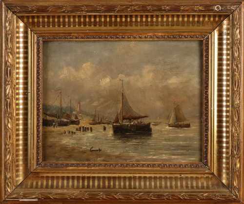 Unsigned. Circa 1900 Beach scene with fishing boats and people. Oil paint on panel. Size: 21 x H,