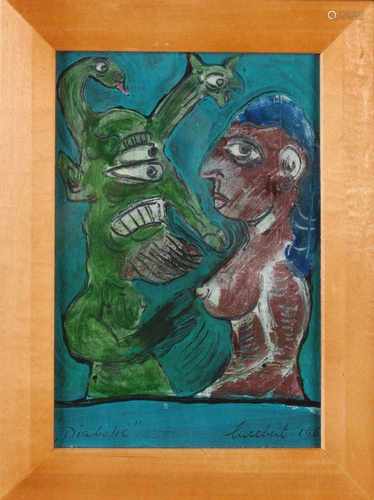 Attributed to Lucebert. 1924 - 1994. Two naked figures. 1969. Title: Diabolic. Oil on cardboard.