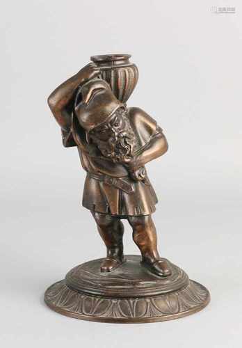 Antique metal lamp base composition. Leprechaun with money pot. Circa 1900. Dimensions: H 18 cm.