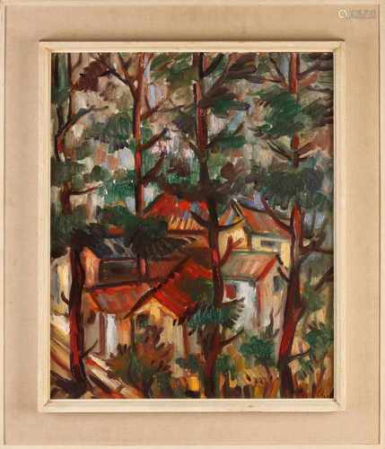 Jacques Mels. 1899 - 1974. House between trees. Title: Summer Forest. Oil on linen. Size: 60 x H,