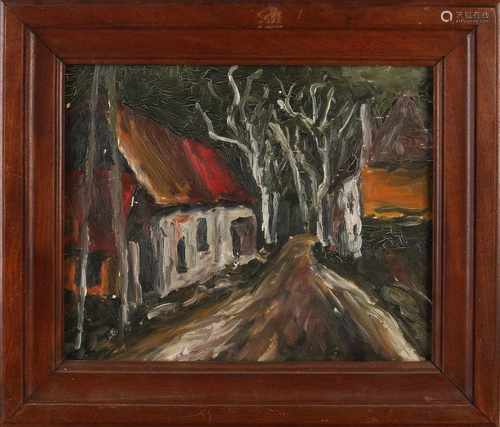 Unsigned. Belgian School. Circa 1950. House by dirt road. Oil on cardboard. Size: H 26.5 x W 32.5