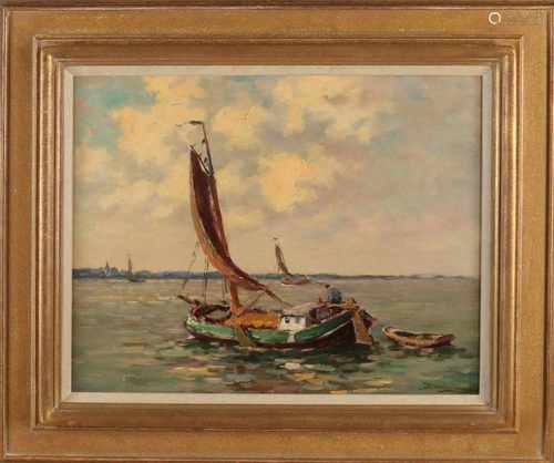 Rest signature. Circa 1930. Flat Bottoms Up Frisian lake. Oil on linen. Size: 40 x H, B 50 cm. In