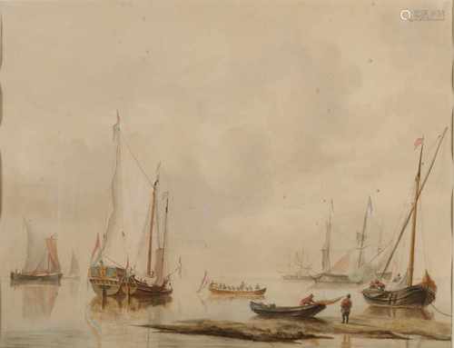 Attributed to Isaac Schouman. 1801 - 1878. Dutch ships on calm sea. Watercolor on paper. Moisture