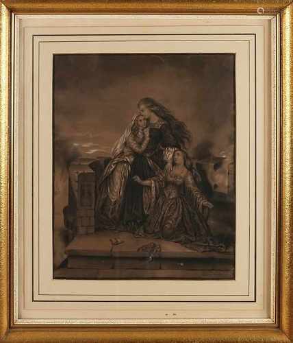 Theodore Ophuysen of 1858. 1768 - 1844. Three grieving women castle parapet. Mixed media on paper.